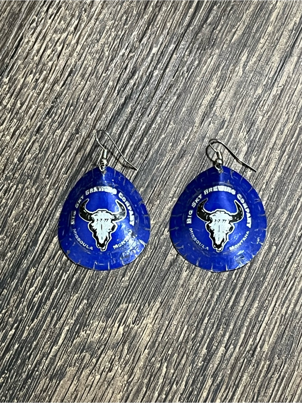 Handmade Upcycled Bottle Cap Dangle Earrings – Blue & Silver